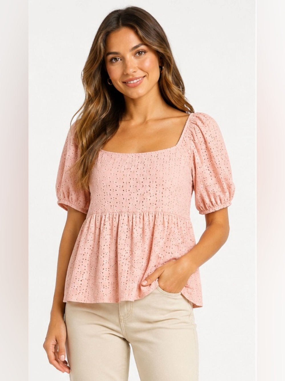 Haptics Eyelet Babydoll Top Puff Sleeve Square Neck - Soft Pink Sz L